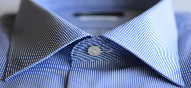 blue striped shirt with forward point collar